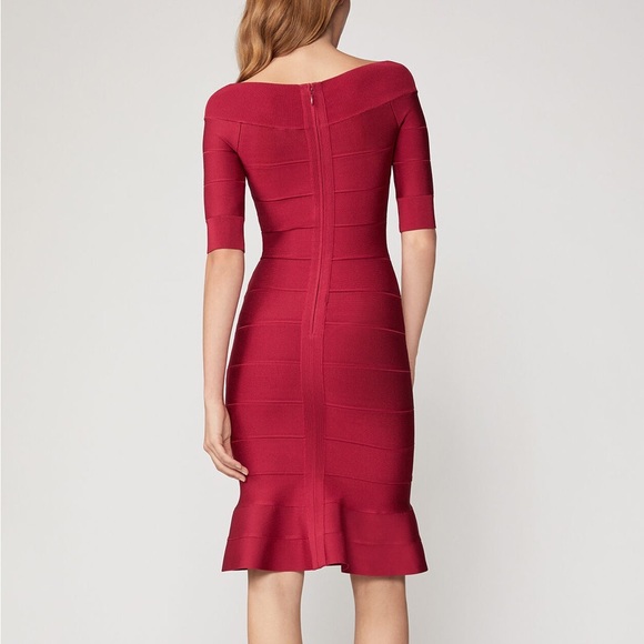 BRAND NEW (TAG REMOVED) HERVE LEGER OFF-SHOULDER FLARE DRESS IN CRANBERRY - Picture 7 of 7